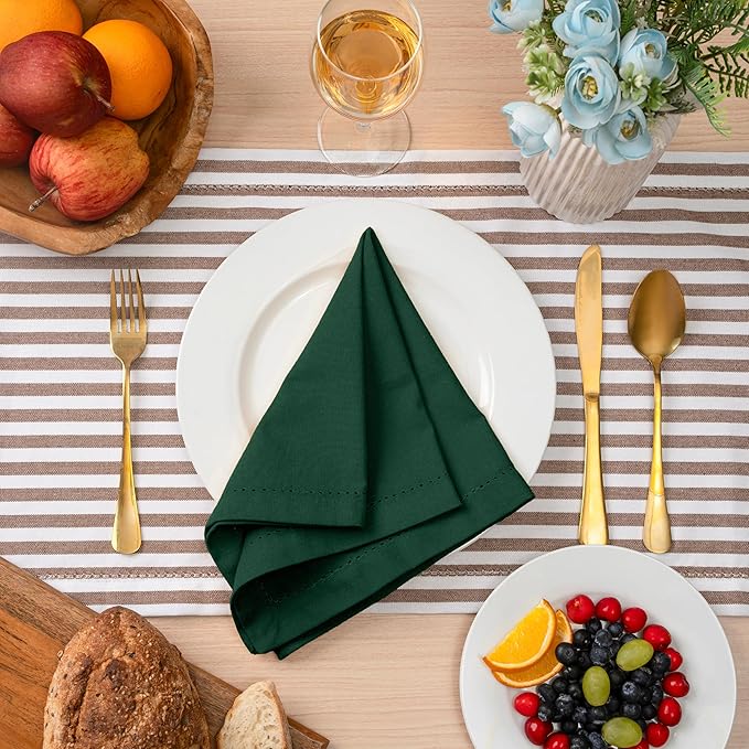Blue Needles Set of 12 Hemstitch Linen Napkins 100% Cotton Forest Green Cloth Dinner Napkins 18x18 inches - Soft, Reusable and Washable Spring Summer Napkins, Ideal for Events, Parties & Everyday Use
