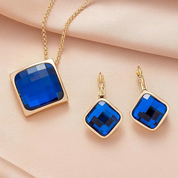 EVEVIC Square Austrian Crystal Necklace Earrings for Women Fashion 18K Gold Plated Hypoallergenic Jewelry Set