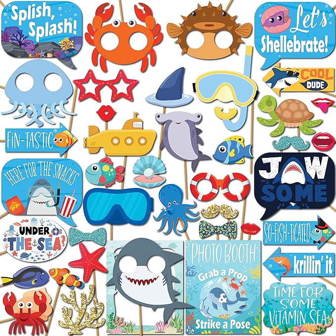 Under The Sea Photo Booth Props - 41-pc Photobooth Kit with 8 x 10-Inch Sign, 60 Adhesive Pads, 45 Sticks - Under The Sea Decorations - Under The Sea Party Decorations