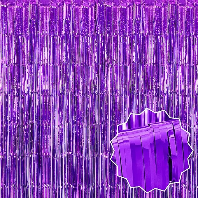 3 Pack Purple Foil Fringe Curtains Backdrop, 3.28 x 8.2 Ft Metallic Streamers Tinsel Curtains Background for Photo Booth, Birthday, Halloween, Christmas, Thanksgiving, New Year Party Decorations