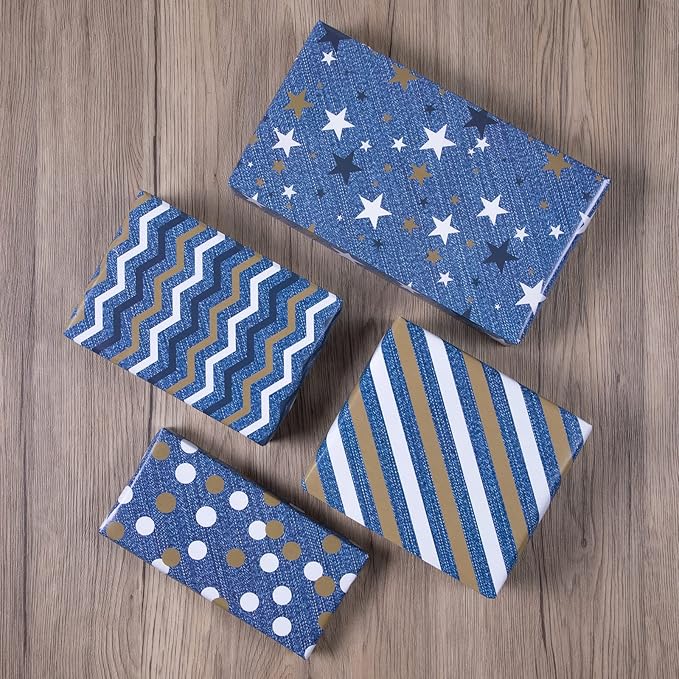 PlandRichW Denim Blue Wrapping Paper Folded for Man Boys Girls Birthday, Vintage Blue Gift Wrap for Father's Day, Christmas, Wedding, Party Holiday, Pre-cut 12 Sheets Each 20" X 29"