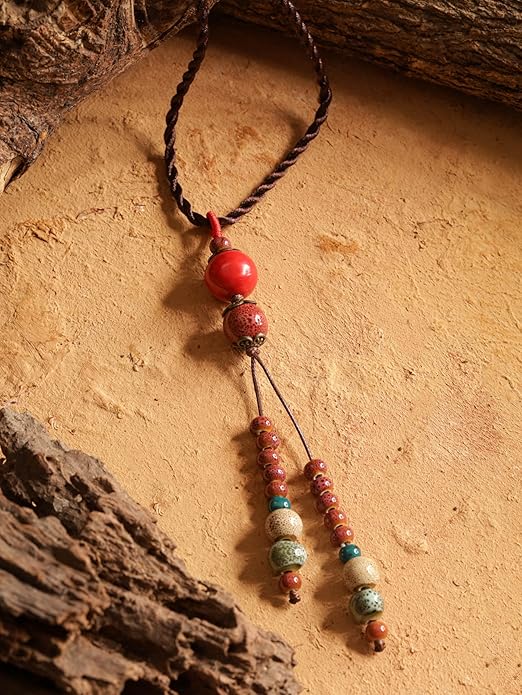 MINACHI Vintage Bohemian Ethnic Colorful Ceramic Bead Long Y Necklace, Hippie Boho Summer Fashion Jewelry Gift for Women