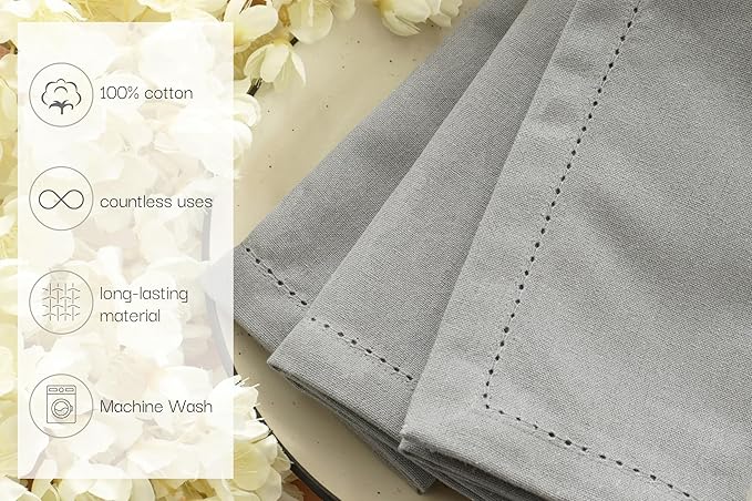 PurpleEssences Set of 6 Hemstitch Cloth Dinner Napkins 100% Cotton - Soft Durable Washable - Ideal for Wedding Christmas Holiday Winter - Perfect Everyday Use Table Linen 18x18 - Ash Grey