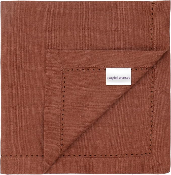 PurpleEssences Rust Set of 12 Hemstitch Cloth Dinner Napkins 100% Cotton - Soft Durable Washable - Ideal for Wedding Christmas Holiday Winter - Perfect Everyday Use Table Linen 18x18 - Rust