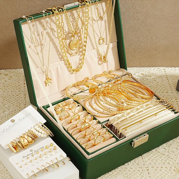 17 MILE 78 Pieces Gold Jewelry Set for Women, 9 Necklace, 24 Bracelet, 22 Earrings, 23 Knuckle Rings Gold Plated Jewerly set for Women Gift