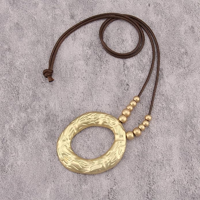 Boho Leather Necklace Women Bohemian Brown Circle Pendant Necklace Choker Long Necklaces for Women Boho Ring Large Pendant