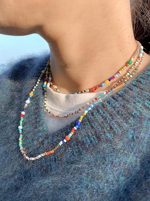 Handmade Bohemian Beaded Necklace for Women - Adjustable Layered Choker with Freshwater Pearls, Multicolor Glass Beads & 14K Gold Plated Stainless Steel, Summer Vacation Jewelry Gift