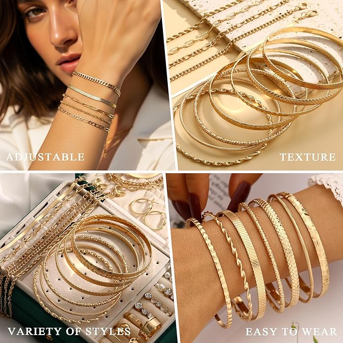 Valentines Gifts -56 Pcs Gold Jewelry Set for Women with 5Pcs Layered Necklace, 5Pcs Layered Necklace, 12 Bracelets, 4 Hoop Earrings, 8 Stackable Rings, 10 hairpins, 12 Studs Earrings Jewerly set for Women