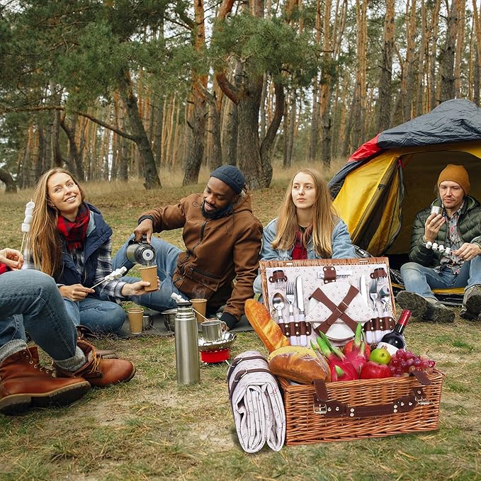 Picnic Baskets Wicker Willow Picnic Set for 4 Persons with Insulated Cooler Bag and Waterproof Picnic Blanket