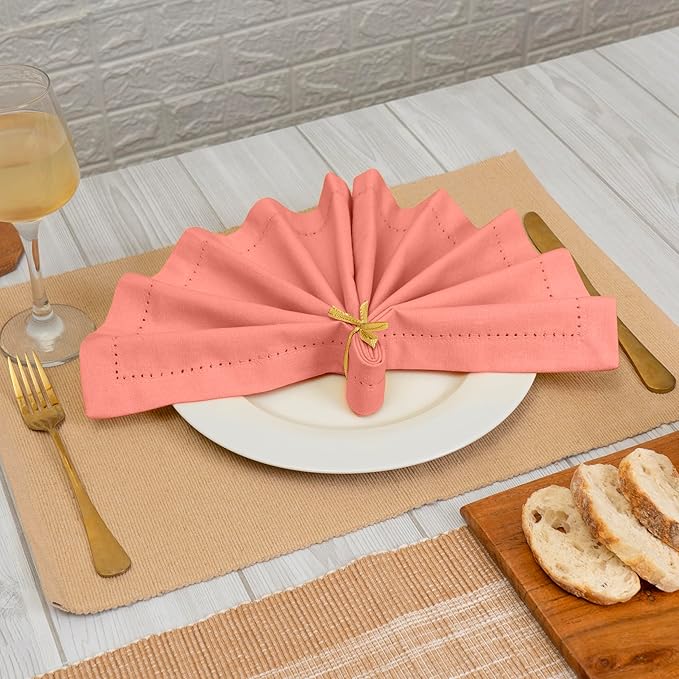 Blue Needles Set of 6 Hemstitch Linen Napkins 100% Cotton Salmon Cloth Dinner Napkins 18x18 inches, Soft, Reusable, Absorbent, Washable, Ideal for Fall Thanksgiving Events, Parties & Everyday Use