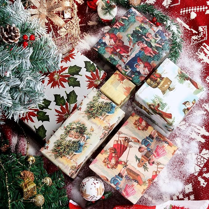 Vnaaem Vintage Christmas Wrapping Paper for Women Girls Boys Men - Retro Xmas Wrapping Paper for Winter Christmas Birthday Holiday - 20 X 28 Inches (6 Folded Sheet)