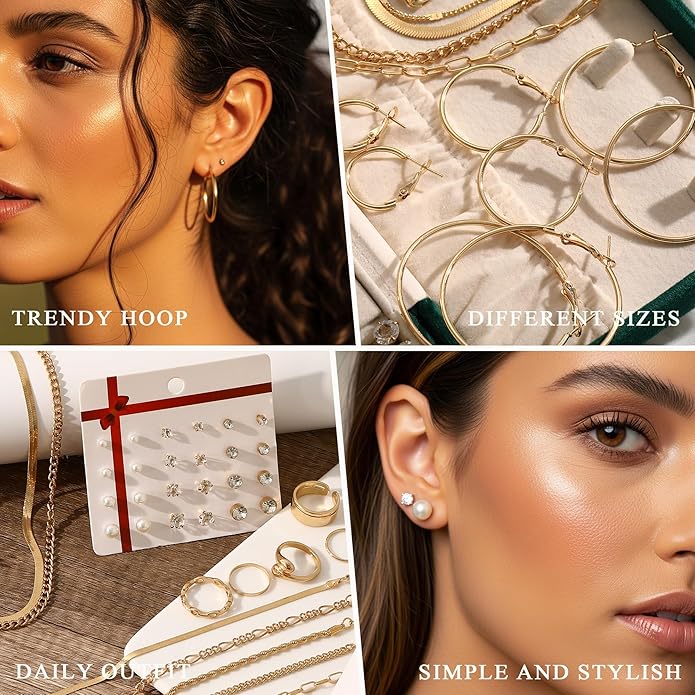 Valentines Gifts -56 Pcs Gold Jewelry Set for Women with 5Pcs Layered Necklace, 5Pcs Layered Necklace, 12 Bracelets, 4 Hoop Earrings, 8 Stackable Rings, 10 hairpins, 12 Studs Earrings Jewerly set for Women