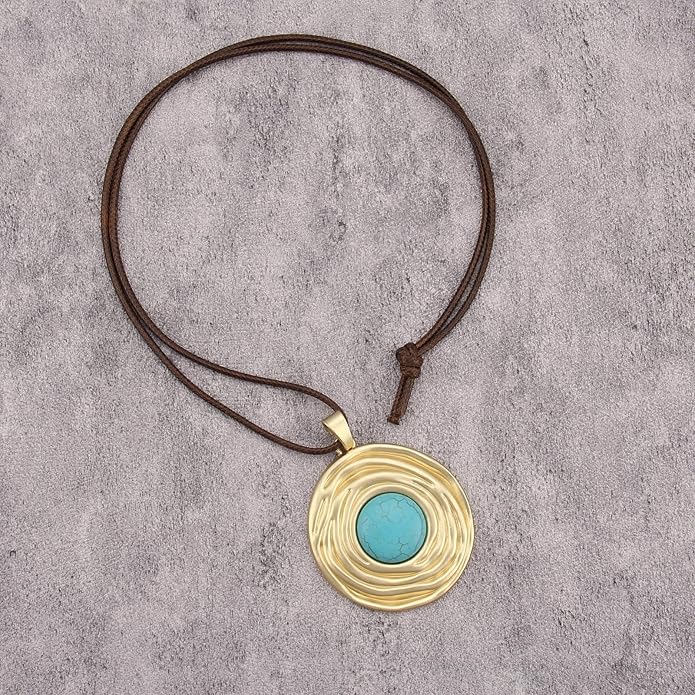 Boho Leather Necklace Women Bohemian Brown Circle Pendant Necklace Choker Long Necklaces for Women Boho Ring Large Pendant
