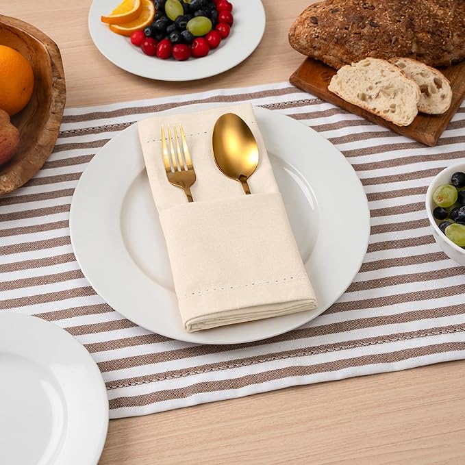 Blue Needles Set of 6 Hemstitch Linen Napkins 100% Cotton Cream Cloth Dinner Napkins 18x18 inches, Soft, Reusable, Absorbent, Washable, Ideal for Fall Thanksgiving Events, Parties & Everyday Use