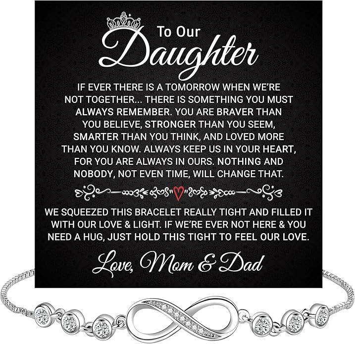 Daughter Infinity Heart Bracelet, Daughter Jewelry Gift From Mom or Dad with Message Card and Box Meaning