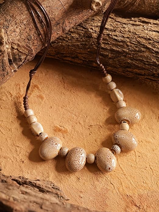 MINACHI Bohemian Hippie Colorful Ceramic Geometric Bead Strand Necklace, Vintage Boho Statement Jewelry Gift for Women