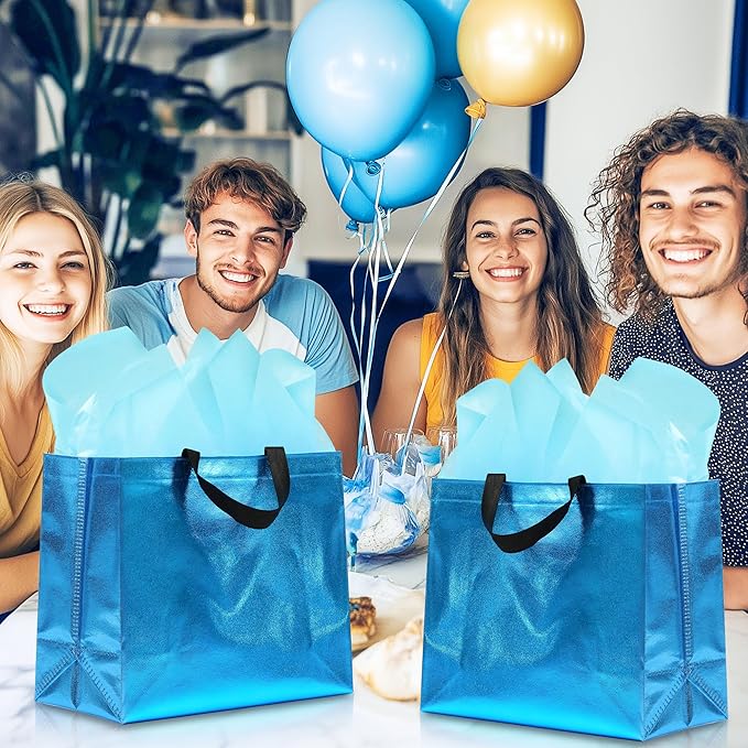 KeerxunBag 12Pcs Reusable Gift Bags（Includes Tissue Paper） Gift bag with handle Birthdays Parties Holidays Weddings Medium 13x5x11in cyan Bags