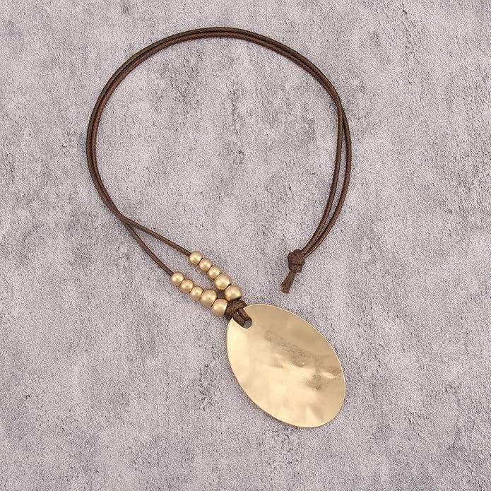Boho Leather Necklace Women Bohemian Brown Circle Pendant Necklace Choker Long Necklaces for Women Boho Ring Large Pendant