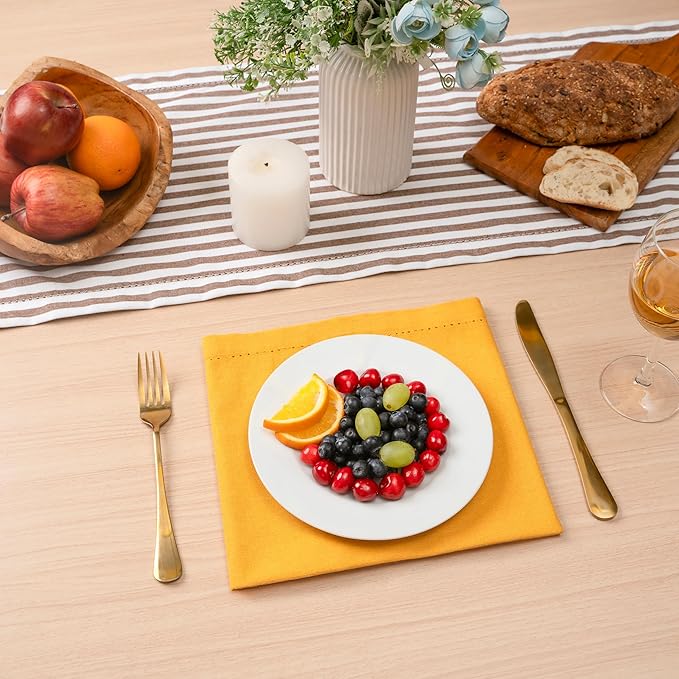 Blue Needles Set of 6 Hemstitch Linen Napkins 100% Cotton Golden Yellow Cloth Dinner Napkins 18x18 inches, Soft, Reusable Absorbent Washable, Ideal for Fall Thanksgiving Events, Parties & Everyday Use