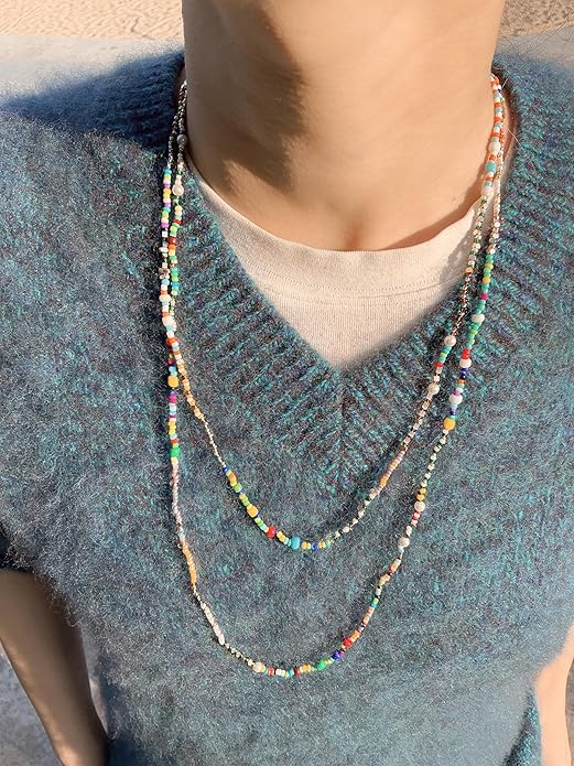 Handmade Bohemian Beaded Necklace for Women - Adjustable Layered Choker with Freshwater Pearls, Multicolor Glass Beads & 14K Gold Plated Stainless Steel, Summer Vacation Jewelry Gift