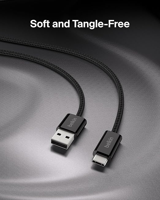 Belkin USB A to USB C Cable, 3.3ft, 15W - Type C Charger, iPhone Charger Cord, Soft, Braided, Flexible for iPhone 16 & 15, Galaxy S25, Pixel 9, iPad Pro, Airpods Pro, Switch & More - Black