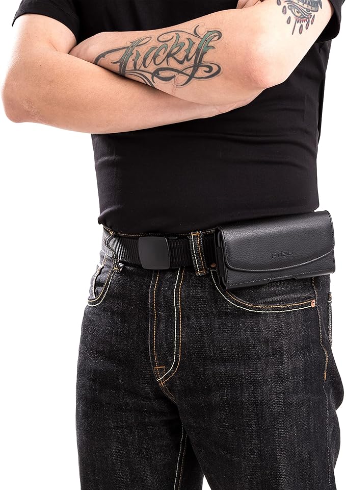 Holster for iPhone 16 16e Pro 15 14 13 12 11 10 XR Xs X, Samsung Galaxy S25 S24 S23 5G - Cell Phone Belt Holder Case with Clip - ID Card Magnetic Pouch - Black