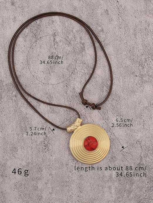 Boho Leather Necklace Women Bohemian Brown Circle Pendant Necklace Choker Long Necklaces for Women Boho Ring Large Pendant
