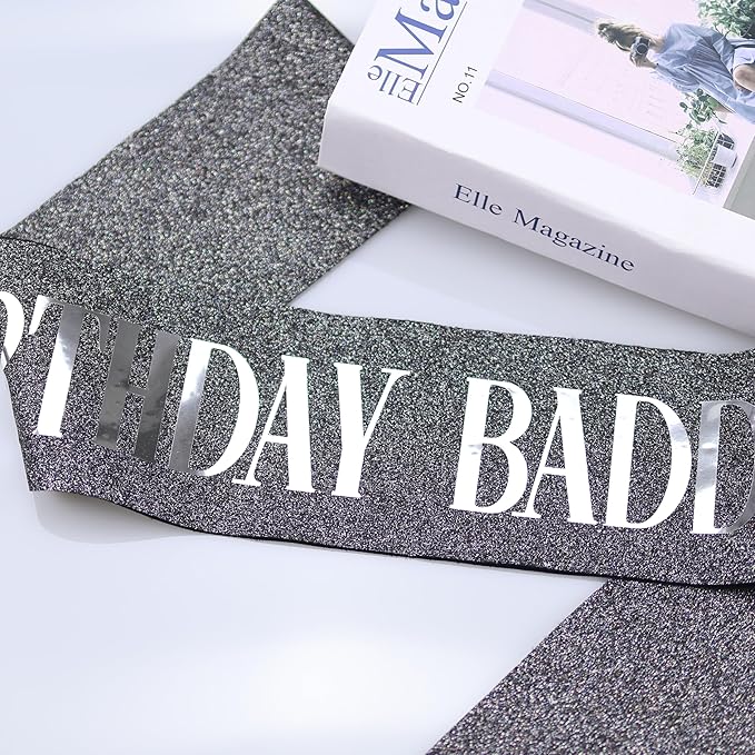 Birthday Sash, BIRTHDAY BADDIE Sash Birthday Sash for Women Girls Men Black Glitter Sash with Silver Foil Sparkly Scallion Decorations for Party Supplies