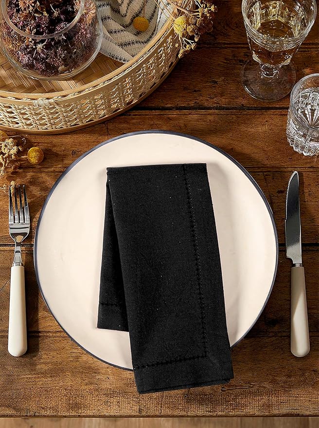 Palisa Cloth Dinner Napkins with Hemstitched Detailing & Mitered Corners Set of 12 (18x18 Inches) Black - Cotton Reusable Dinner Napkins - Perfect for Weddings & Everyday Use