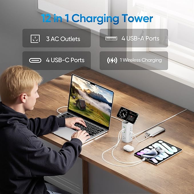 Tower Power Strip Surge Protector with 3 AC Outlets & 8 USB Ports (4 USB-C), TenTrend 160W Fast Charging Station, 5 FT Flat Plug Extension Cord with Multiple Outlets for Home Office Dorm Room