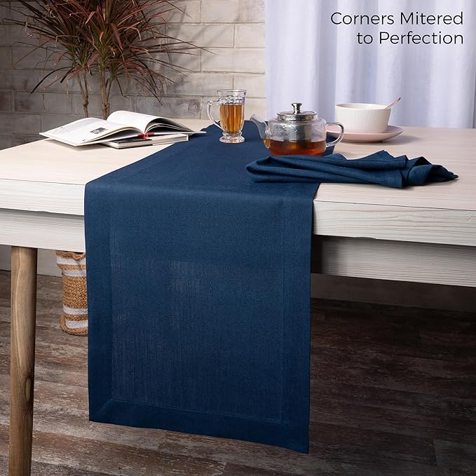 D'Moksha Homes Navy Blue Table Runner 14 x 72 Inch - Faux Linen Table Runner 72 Inches Long - Wrinkle Resistant, Machine Washable for Fall, Thanksgiving, Holiday - 100% Recycled Fabric