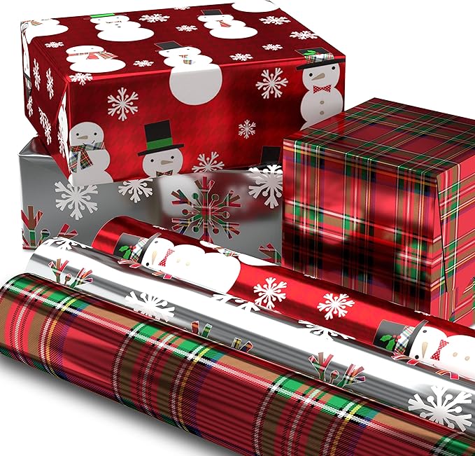 Hallmark Foil Christmas Wrapping Paper with Cut Lines on Reverse (3 Rolls: 60 sq. ft. ttl) Plaid Snowflakes, Snowmen, Red, Green and Blue Plaid