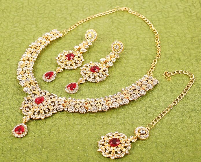 Touchstone Indian jewelry sets for women gold wedding tikka necklace set guest costume fancy bridal jewellery rhinestone crystal elegant formal prom evening wear dainty accessories