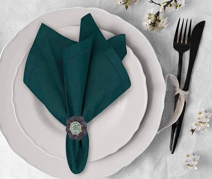 Ruvanti Premium Linen Napkins Set of 12-20x20 Inch, Classic Hemstitch, Mitered Corner Cloth Napkins ‎‎- Soft, Elegant Dinner Napkins Cloth Washable for Weddings, Parties, Everyday Use - Teal