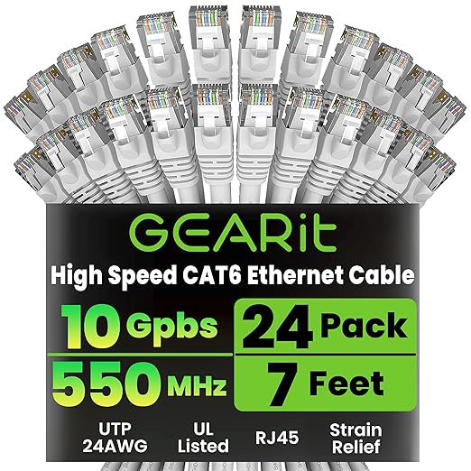 GEARit Cat 6 Ethernet Cable (24-Pack 7 Feet) Cat6 Network Patch, 10Gbps, RJ45, Snagless Cord, Gold-Plated Connectors, Internet for PC, TV, Tablet, Router, Printer, Servers, IT Data Center - White