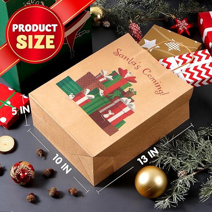 JOYIN 24 Pcs Christmas Kraft Gift Bags with Twine Handles, 10'' X 13'' X 5'' Large Xmas Goodie Goody Treat Bags for Holiday Present Wrapping, Christmas Decorations, Party Supplies Decor