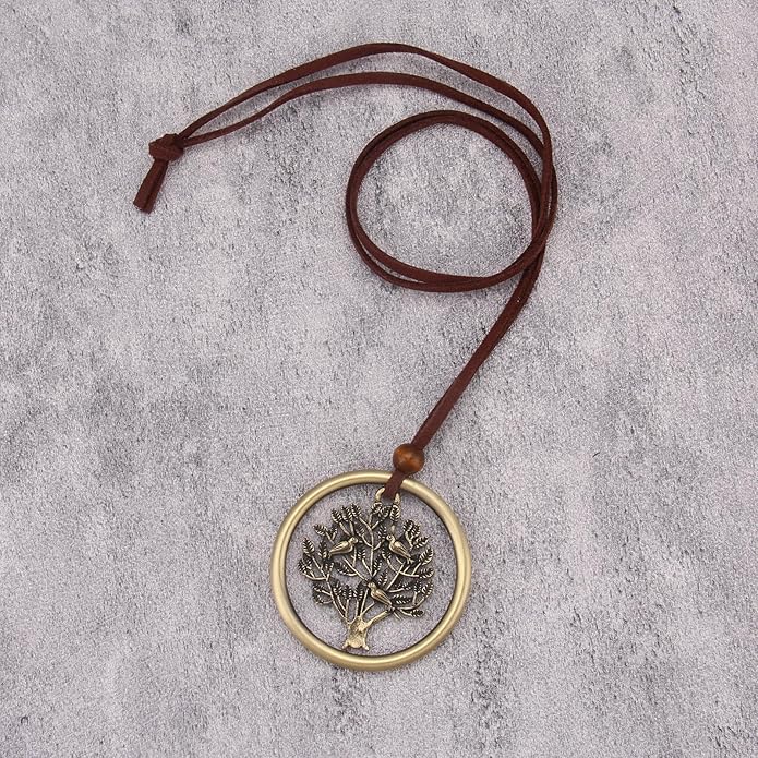 Boho Leather Necklace Women Bohemian Brown Circle Pendant Necklace Choker Long Necklaces for Women Boho Ring Large Pendant