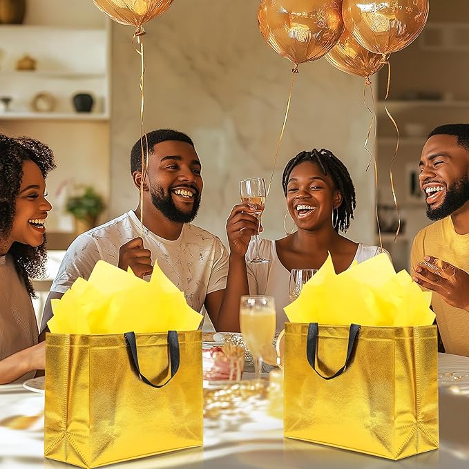 KeerxunBag 12Pcs Reusable Gift Bags（Includes Tissue Paper） Gift bag with handle Birthdays Parties Holidays Weddings Medium 13x5x11in Golden Yellow Gift Bags