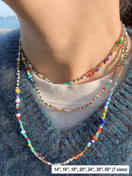 Handmade Bohemian Beaded Necklace for Women - Adjustable Layered Choker with Freshwater Pearls, Multicolor Glass Beads & 14K Gold Plated Stainless Steel, Summer Vacation Jewelry Gift