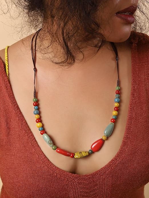 MINACHI Boho Hippie Round Ceramic Beads Strand Necklace, Vintage Bohemian Summer Beach Jewelry Gift for Women
