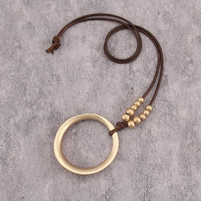 Boho Leather Necklace Women Bohemian Brown Circle Pendant Necklace Choker Long Necklaces for Women Boho Ring Large Pendant