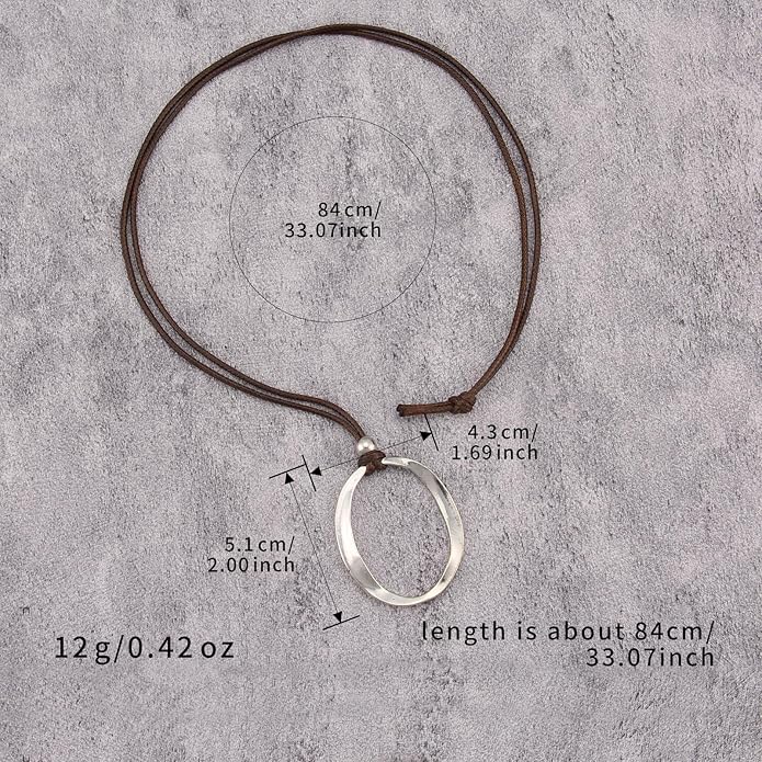 Boho Leather Necklace Women Bohemian Brown Circle Pendant Necklace Choker Long Necklaces for Women Boho Ring Large Pendant