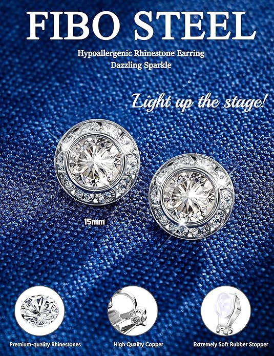 FIBO STEEL Clip on Halo Earrings Rhinestone Earrings Crystal Earrings for Women Round Acrylic Stone Inside Dance Competitions Stage Opera Performance Wedding Party Jewelry