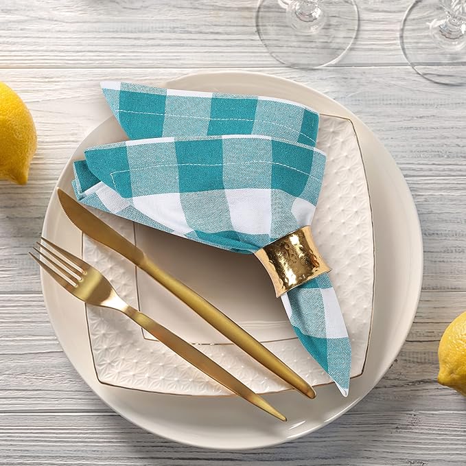 LFH Home 100% Cotton Cloth Reusable Dinner Napkins Set of 12 Washable Soft Decorative Buffalo Plaid Gingham and Checkered Table Napkins for Holidays Wedding Farmhouse Decor 18x18 Inch-Teal & White