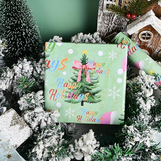 Vnaaem Reversible Green Christmas Wrapping Paper Roll - Happy Holiday Text, Santa hats & Polka Dots Design Gift Wrap for Holiday Party Celebration, DIY Craft - 17 In X 20 Ft(Total 28.5sq.ft)