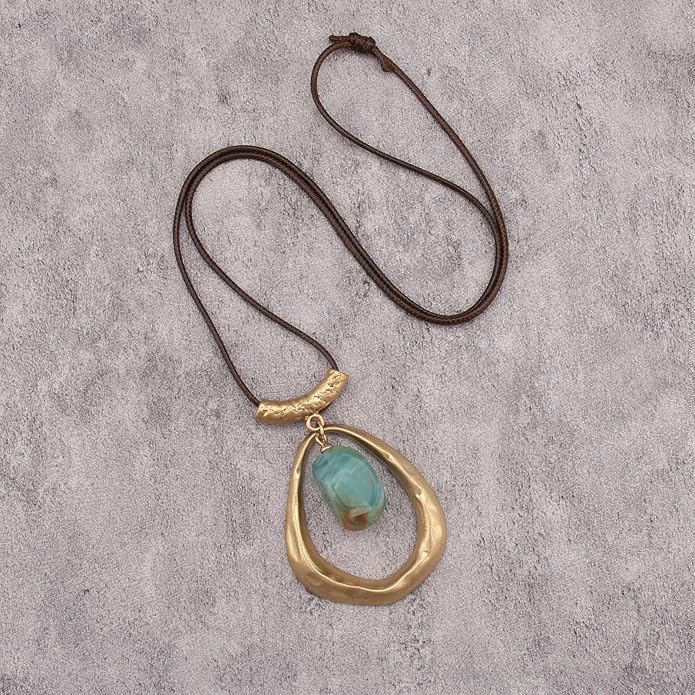Boho Leather Necklace Women Bohemian Brown Circle Pendant Necklace Choker Long Necklaces for Women Boho Ring Large Pendant