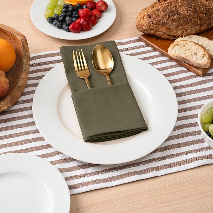 Blue Needles Solid Cloth Napkins Set of 6 Olive Green 100% Cotton Dinner Napkins 18x18 inches - Soft, Reusable, Absorbent & Washable Fall Thanksgiving Linen, Ideal for Events, Parties & Everyday Use