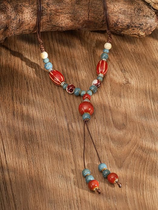 MINACHI Vintage Bohemian Ethnic Colorful Ceramic Bead Long Y Necklace, Hippie Boho Summer Fashion Jewelry Gift for Women