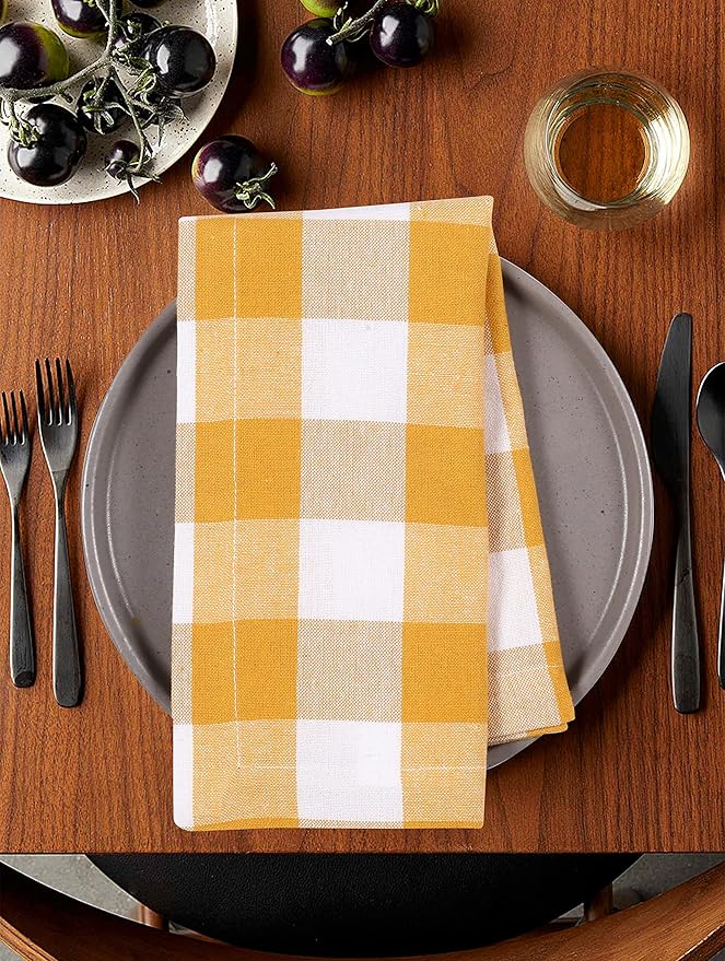 LFH Home Buffalo Check Cloth Dinner Napkins Set of 12, Cotton Napkins, 100% Cotton Checkered Wedding Christmas New Year Dinner Napkins with Mitered Corners and Generous Hem - 18 x 18 Mustard White