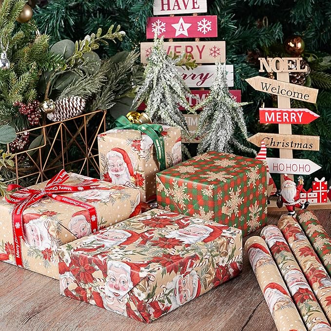 RUSPEPA Kraft Christmas Wrapping Paper Set, Jumbo Roll, Vintage Santa, Bird, Poinsettia,and Gold Snowflake Plaid Design, Kraft Gift Wrap for Christmas, Holiday, 4 Rolls, 30 Inches x 10 Feet per Roll